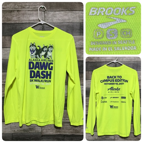 Brooks Long Sleeve Shirt Men’s S Neon Yellow UW Huskies Dawg Dash 2021 - Picture 1 of 7
